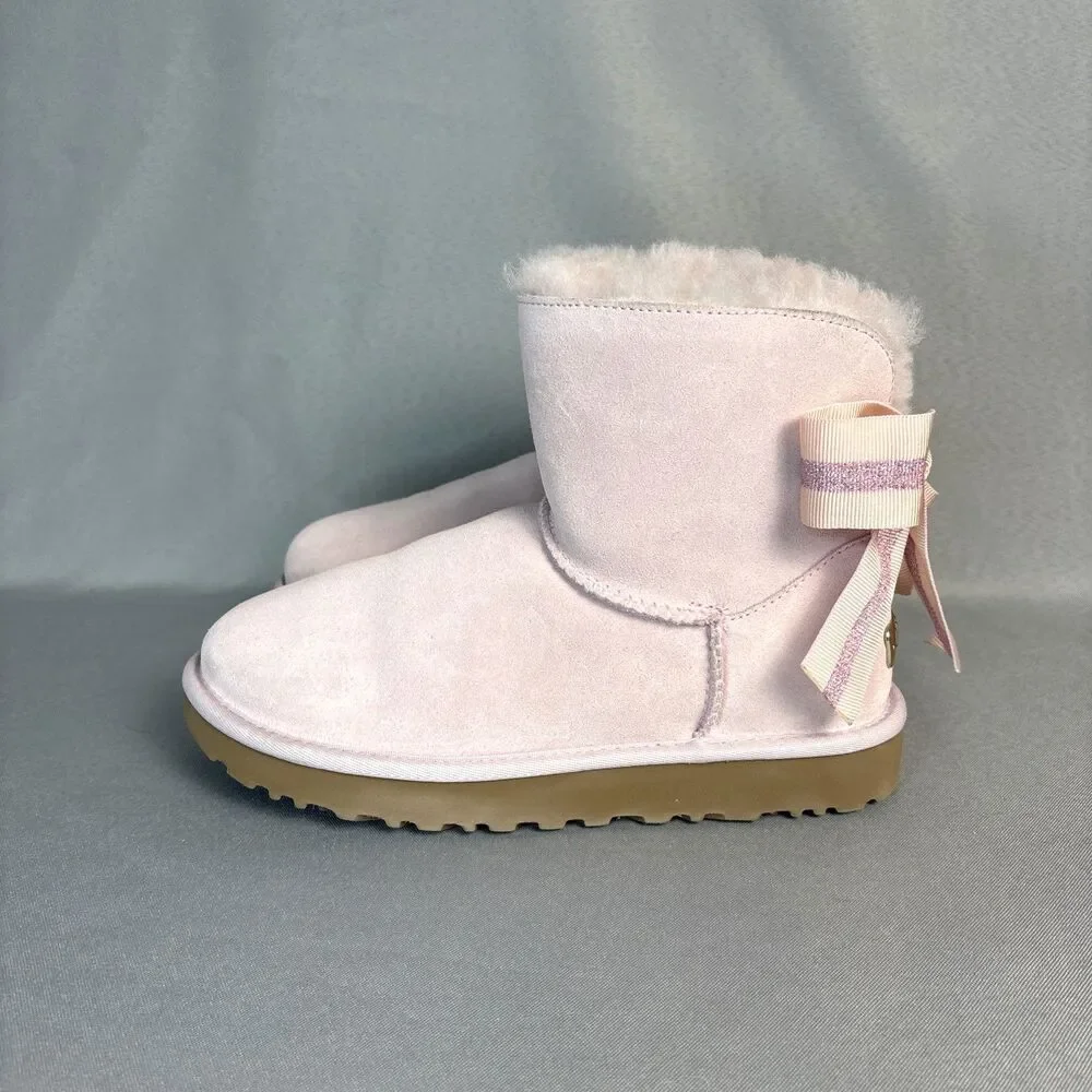 Womens UGG Boots Sz 7 Bailey Bow Customizable Pink Suede Festival Coquette Rare - Picture 5 of 13